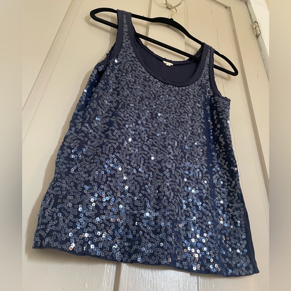 J. Crew Blue Sequin Sparkle Sleeveless Tank Top Raw Hem 100% Cotton Comfy Fun - Picture 4 of 12